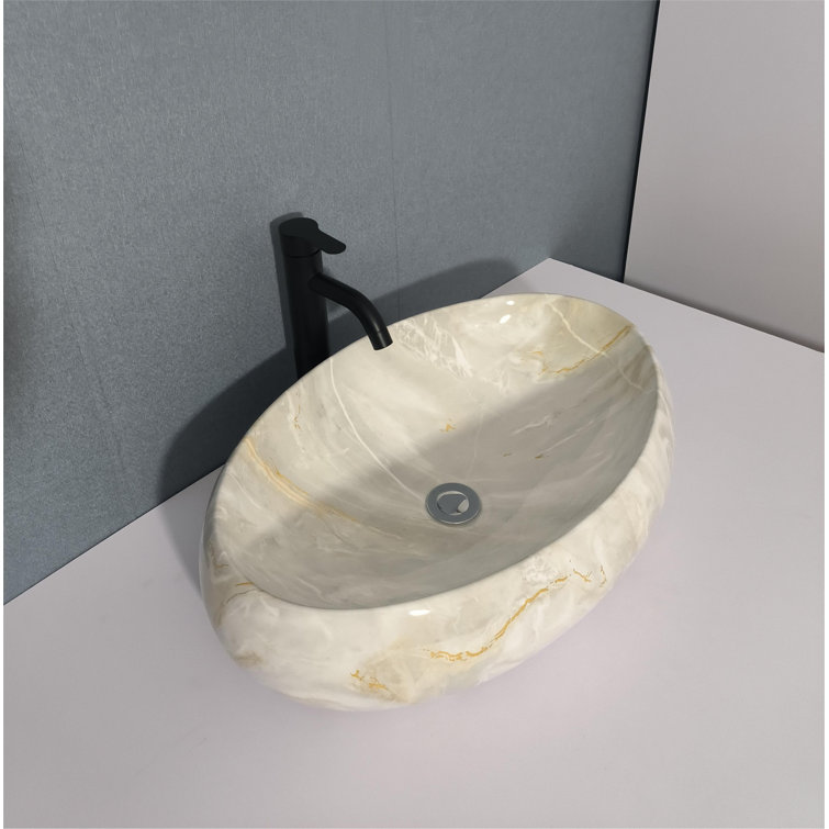 Qierao 16'' Marble Ceramic Oval Vessel Bathroom Sink Wayfair